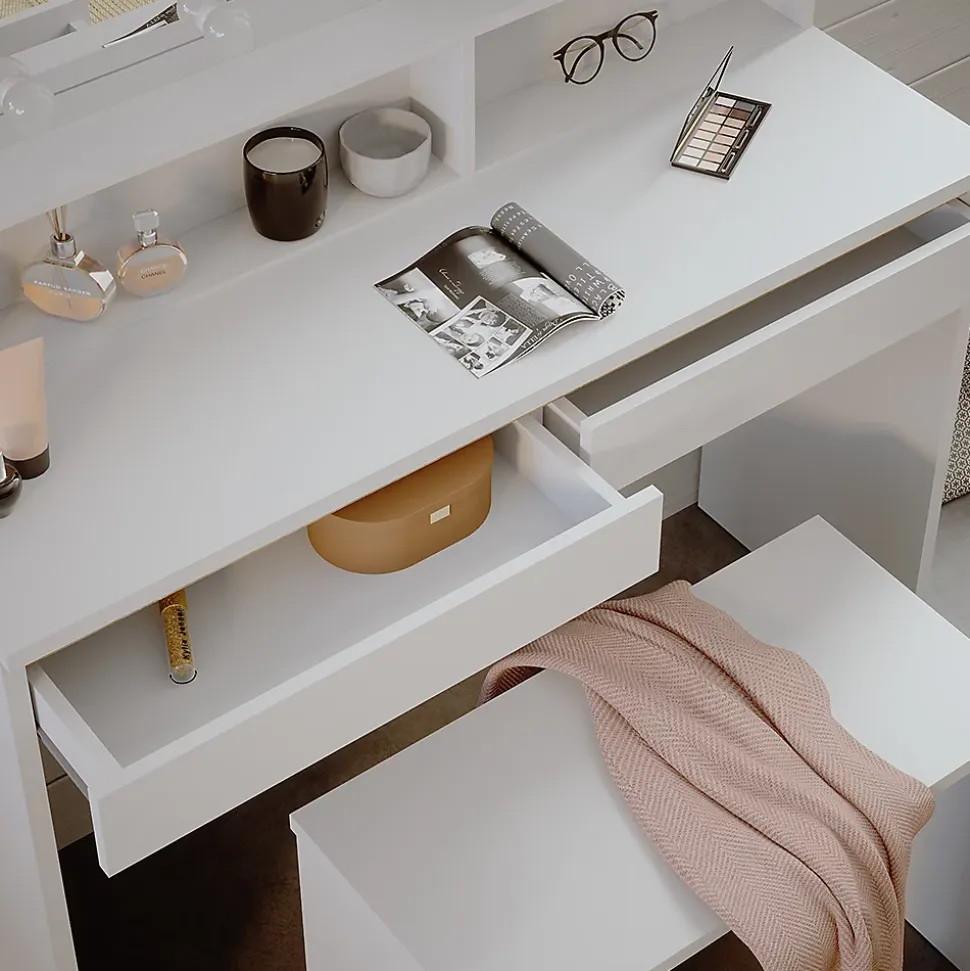 Vicco Coiffeuse Blanc 120cm avec étagère miroir, banc & éclairage LED