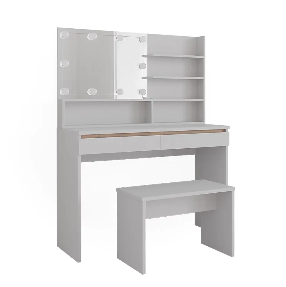 Vicco Coiffeuse Blanc 120cm avec étagère miroir, banc & éclairage LED