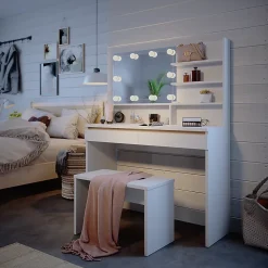 Vicco Coiffeuse Blanc 120cm avec étagère miroir, banc & éclairage LED