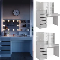 Vicco Coiffeuse Blanc 120cm avec éclairage LED, et étagère miroir