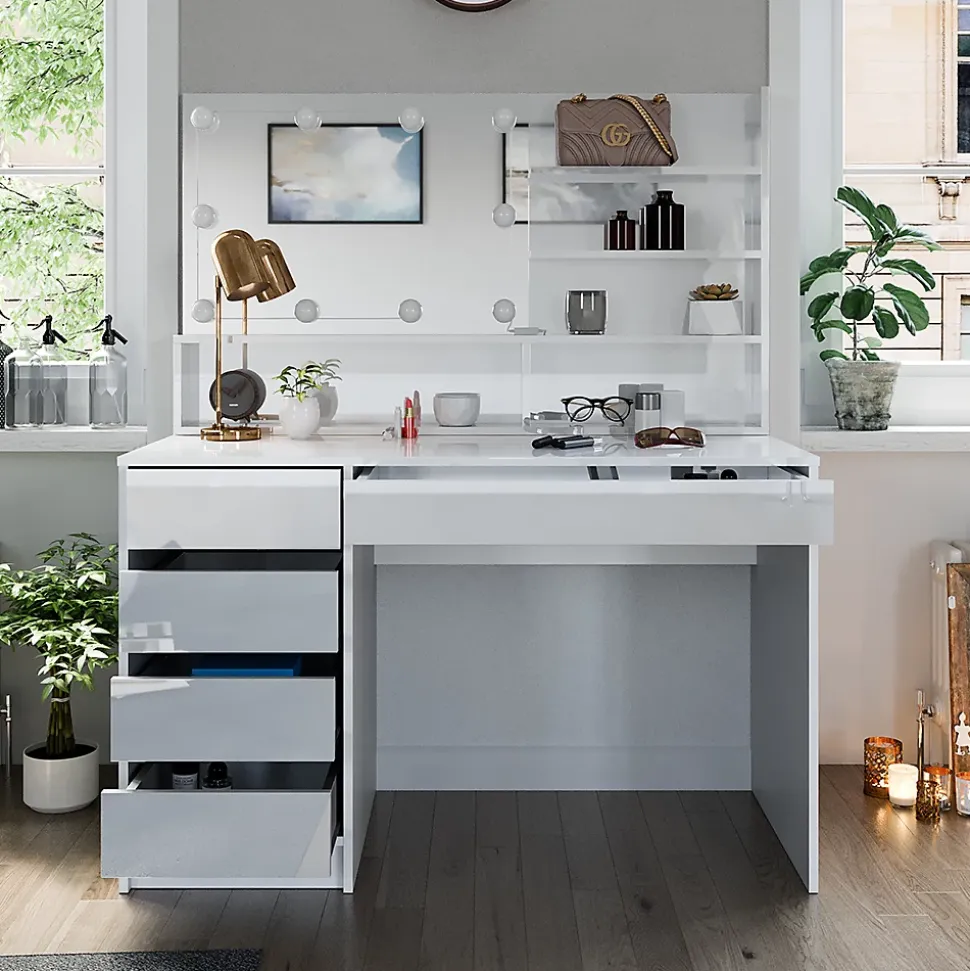 Vicco Coiffeuse Blanc 120cm avec éclairage LED, et étagère miroir