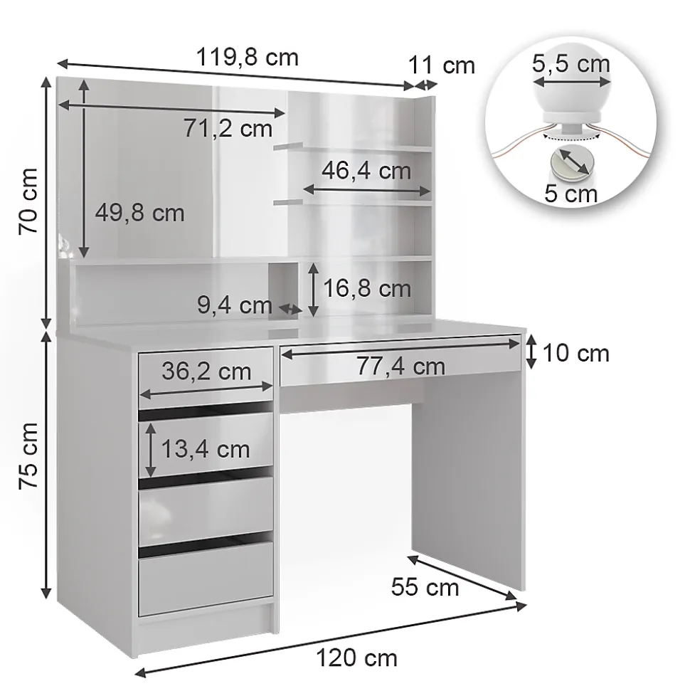 Vicco Coiffeuse Blanc 120cm avec éclairage LED, et étagère miroir