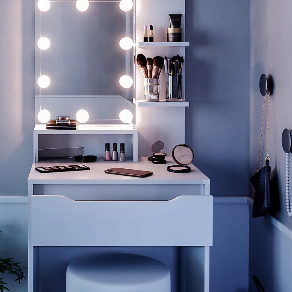 Vicco Coiffeuse Blanc 60cm avec éclairage LED et tabouret