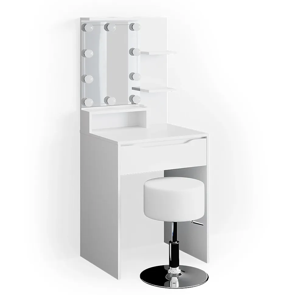 Vicco Coiffeuse Blanc 60cm avec éclairage LED et tabouret