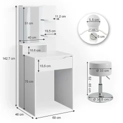 Vicco Coiffeuse Blanc 60cm avec éclairage LED et tabouret