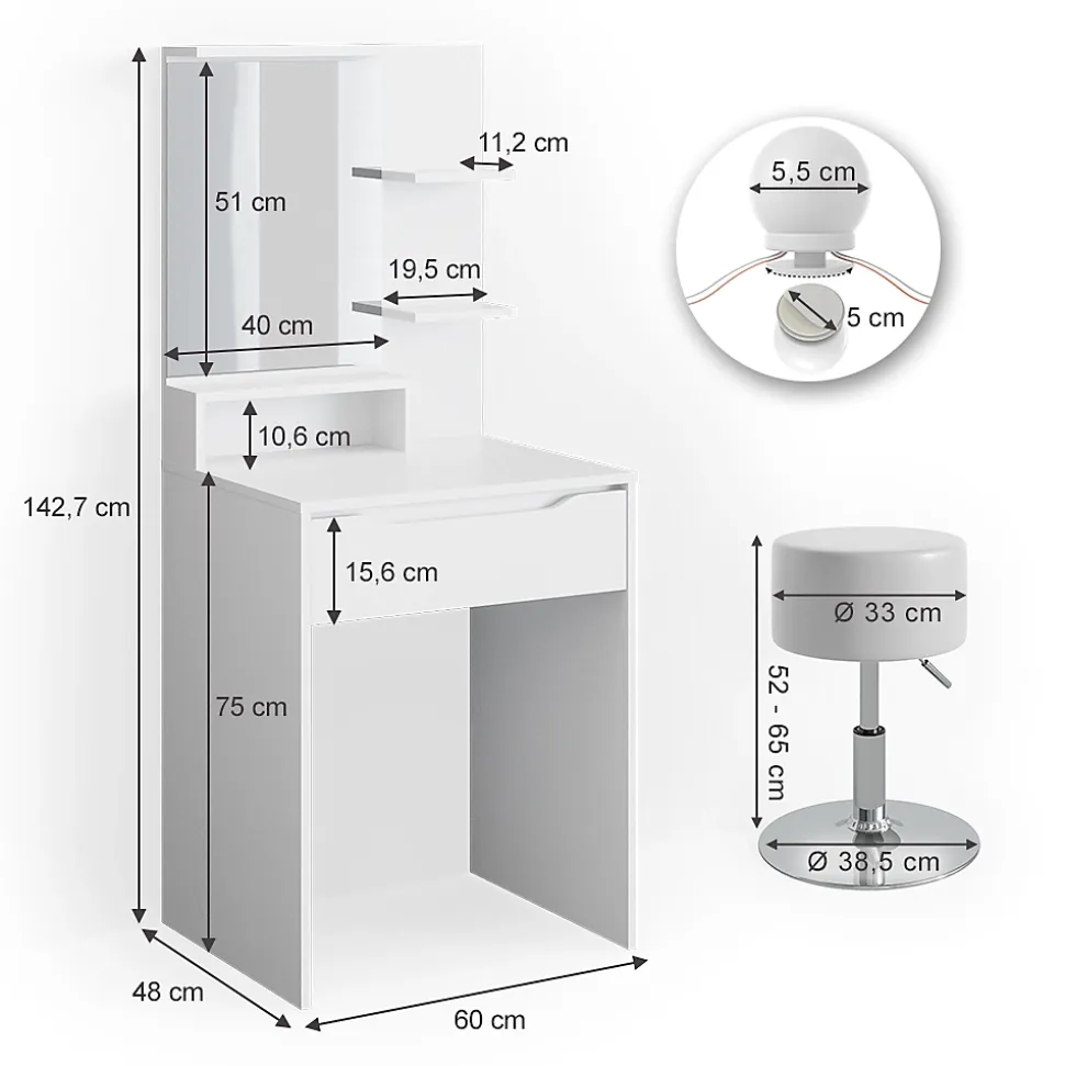 Vicco Coiffeuse Blanc 60cm avec éclairage LED et tabouret
