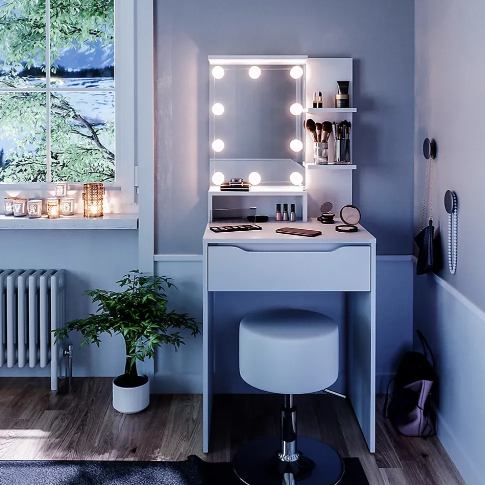 Vicco Coiffeuse Blanc 60cm avec éclairage LED et tabouret