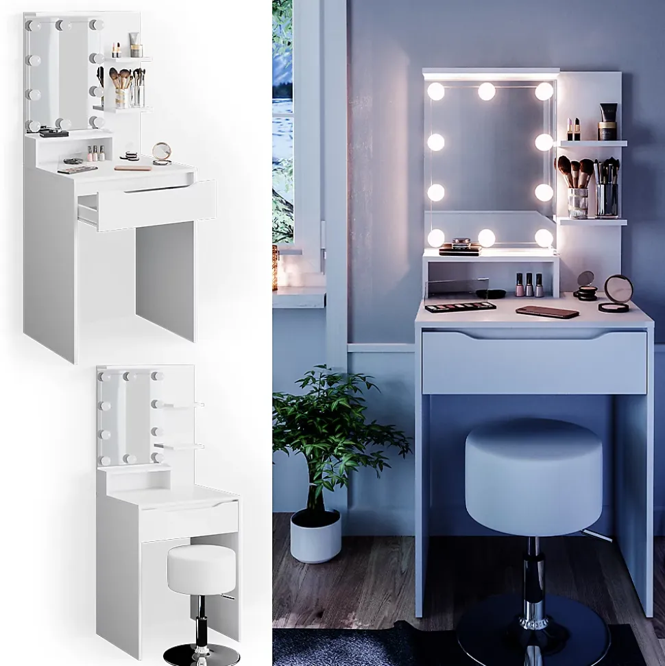 Vicco Coiffeuse Blanc 60cm avec éclairage LED et tabouret