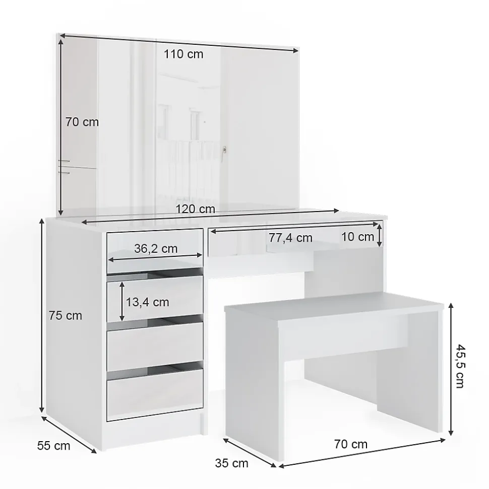 Vicco Coiffeuse Blanc 120cm avec banc