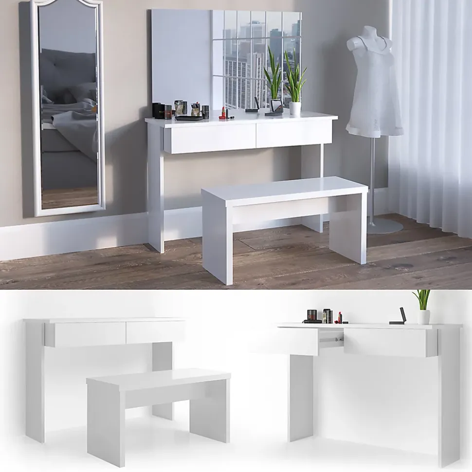 Vicco Coiffeuse Blanc 120cm sans miroir, avec banc