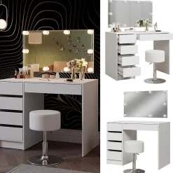 Vicco Coiffeuse Blanc 100cm avec éclairage LED et tabouret