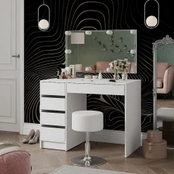 Vicco Coiffeuse Blanc 100cm avec éclairage LED et tabouret
