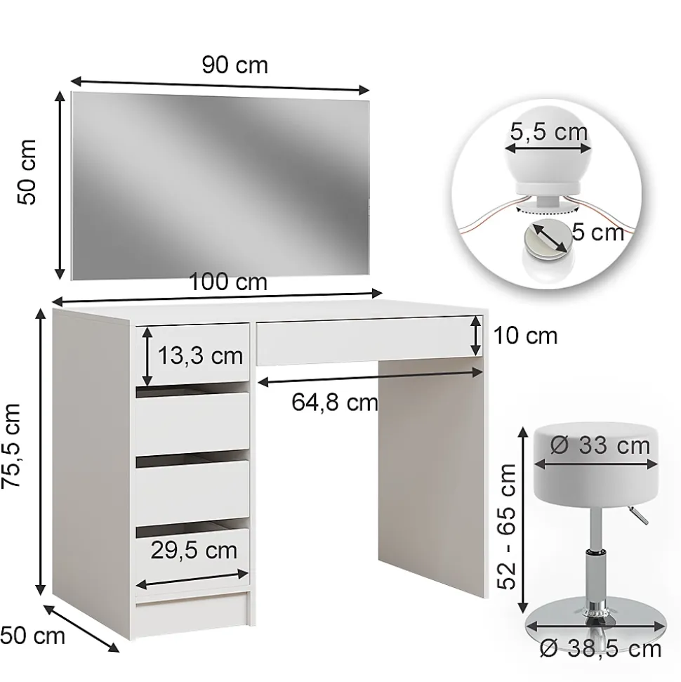 Vicco Coiffeuse Blanc 100cm avec éclairage LED et tabouret