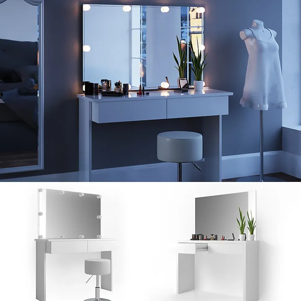 Vicco Coiffeuse Blanc 120cm avec éclairage LED et tabouret