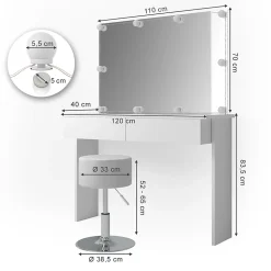 Vicco Coiffeuse Blanc 120cm avec éclairage LED et tabouret