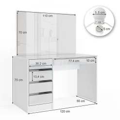Vicco Coiffeuse Blanc 55cm avec éclairage LED