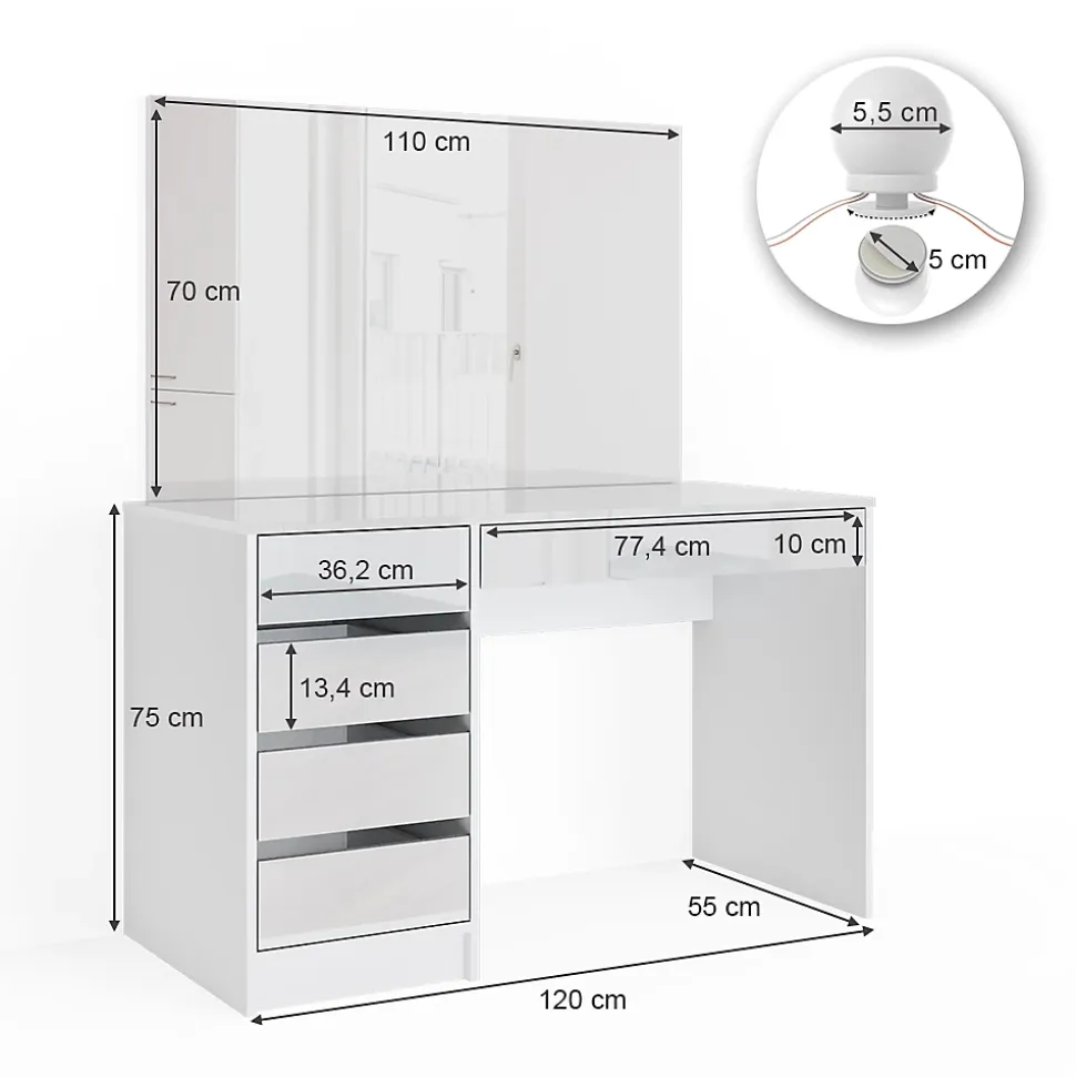 Vicco Coiffeuse Blanc 55cm avec éclairage LED