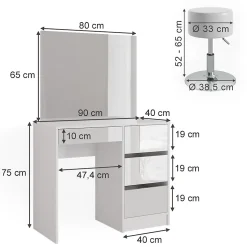 Vicco Coiffeuse Blanc 40cm avec tabouret