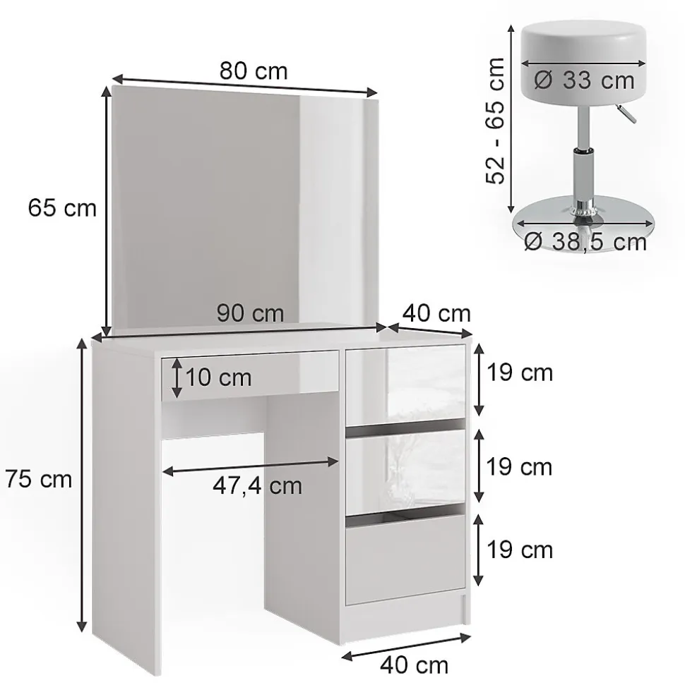 Vicco Coiffeuse Blanc 40cm avec tabouret