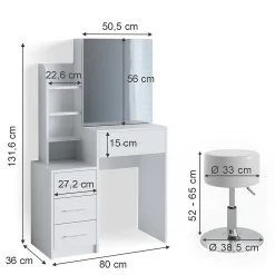 Vicco Coiffeuse Blanc 80cm avec tabouret
