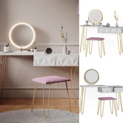 Vicco Coiffeuse Blanc 120cm avec éclairage LED et tabouret