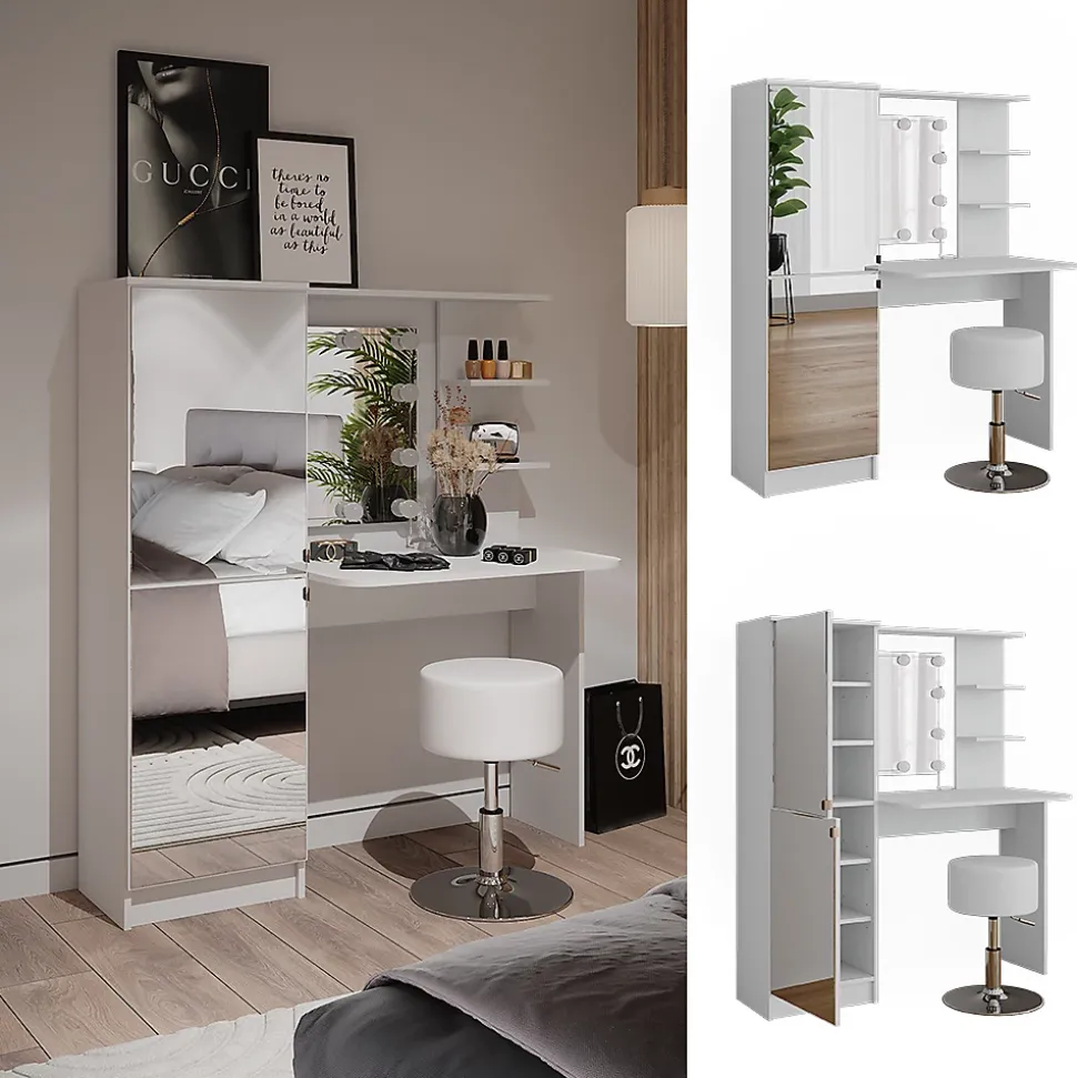 Vicco Coiffeuse Blanc 123cm avec éclairage LED et tabouret