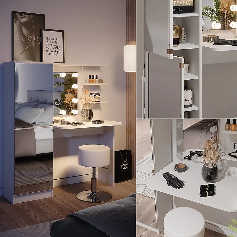 Vicco Coiffeuse Blanc 123cm avec éclairage LED et tabouret