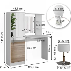 Vicco Coiffeuse Blanc 123cm avec éclairage LED et tabouret