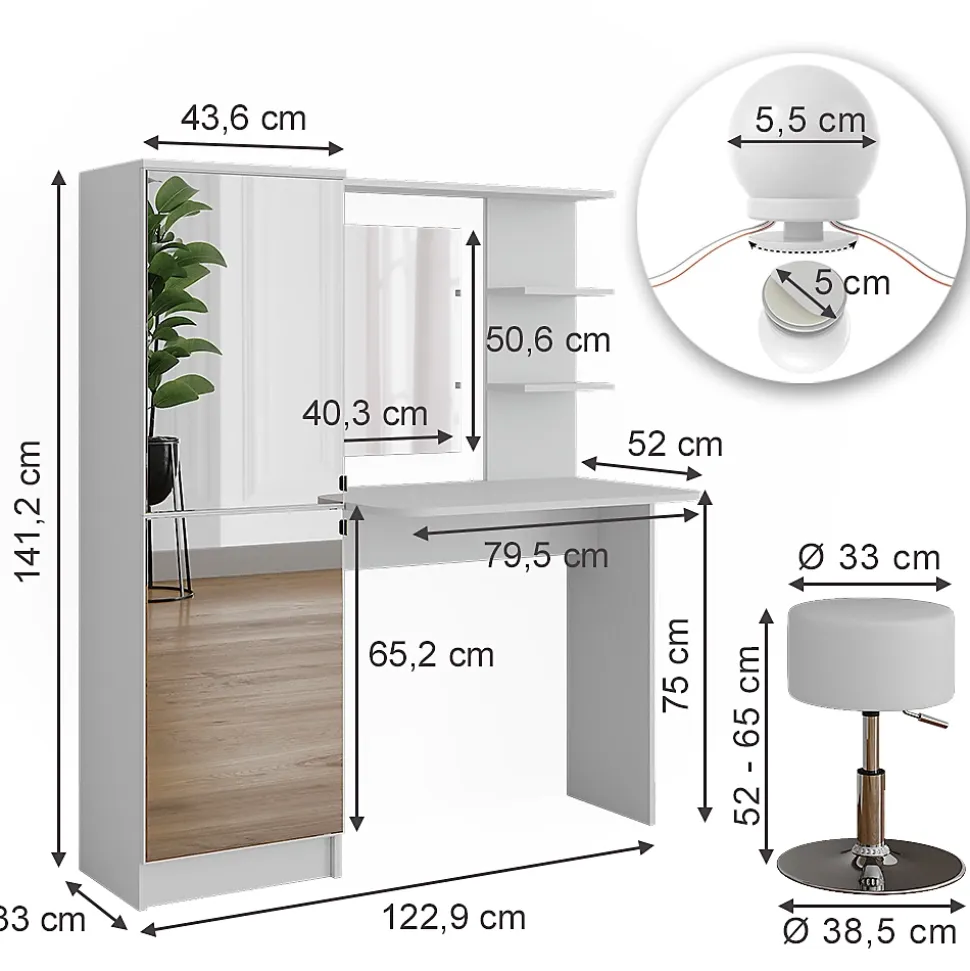 Vicco Coiffeuse Blanc 123cm avec éclairage LED et tabouret