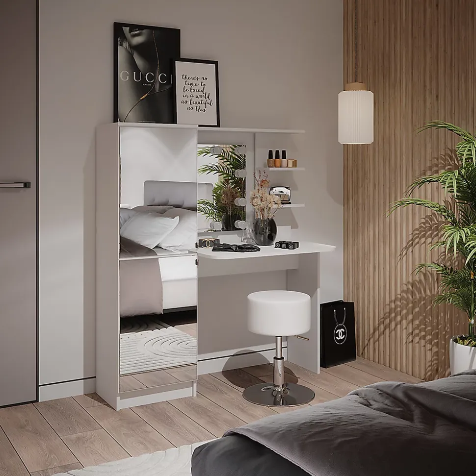 Vicco Coiffeuse Blanc 123cm avec éclairage LED et tabouret
