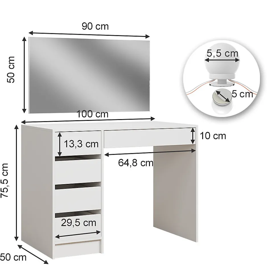 Vicco Coiffeuse Blanc 100cm avec éclairage LED