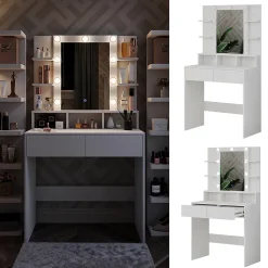 Vicco Coiffeuse Blanc 80cm avec éclairage LED