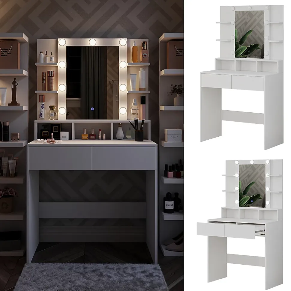 Vicco Coiffeuse Blanc 80cm avec éclairage LED