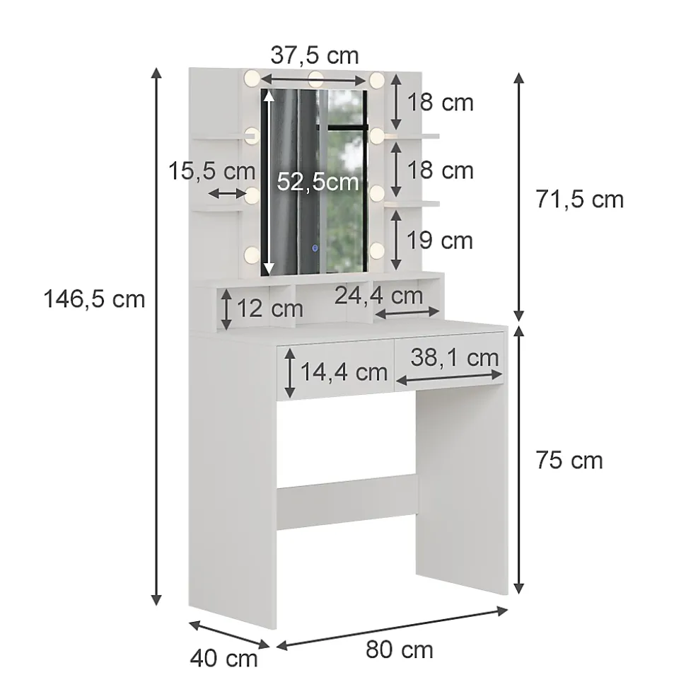 Vicco Coiffeuse Blanc 80cm avec éclairage LED