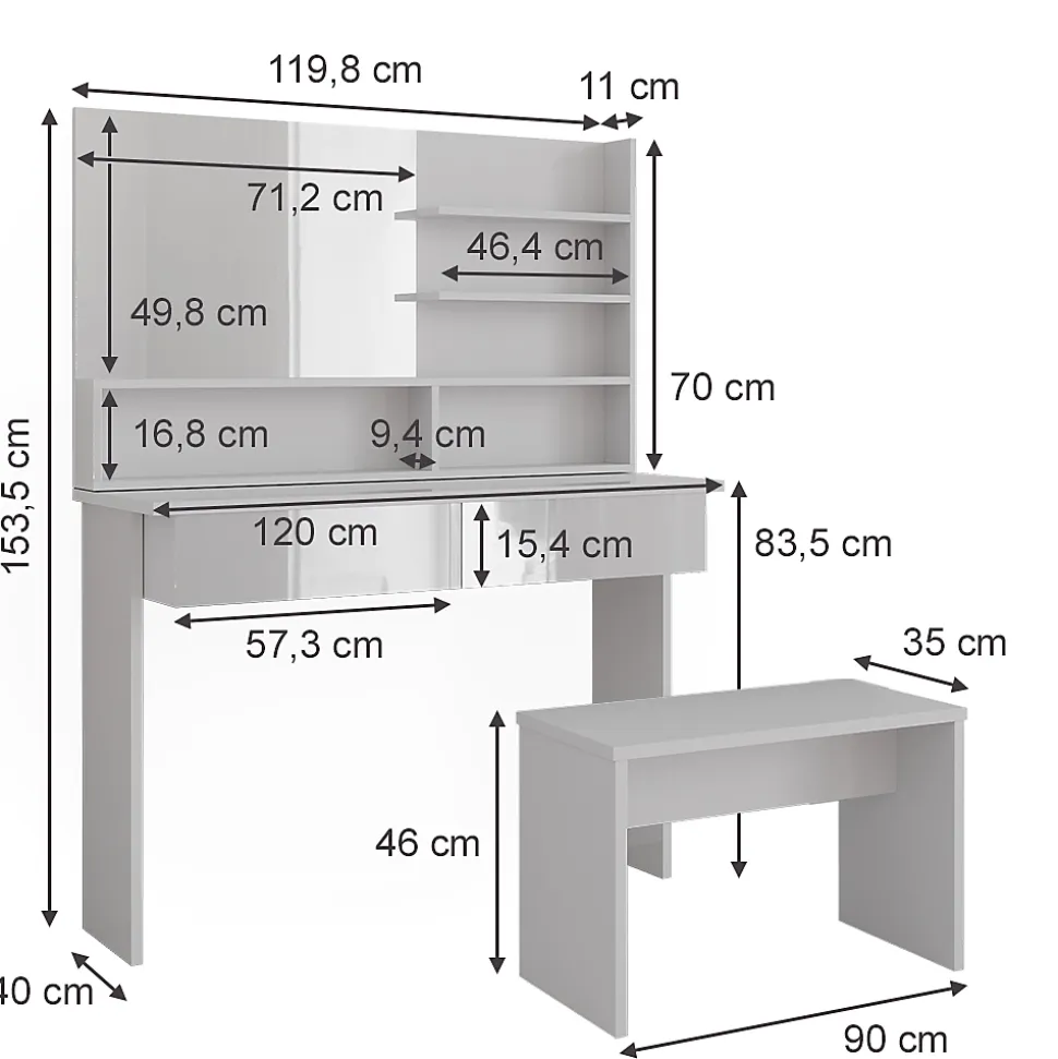 Vicco Coiffeuse Blanc 120cm avec banc