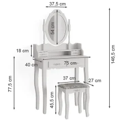 Vicco Coiffeuse Blanc 75cm avec tabouret