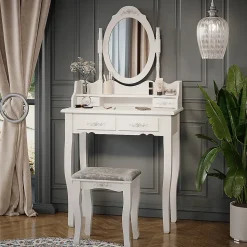 Vicco Coiffeuse Blanc 75cm avec tabouret