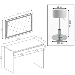 Vicco Coiffeuse Blanc 120cm avec miroir LED et tabouret