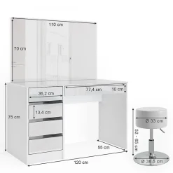 Vicco Coiffeuse Blanc 55cm avec tabouret