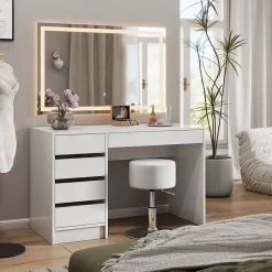 Vicco Coiffeuse Blanc 55cm avec miroir LED et tabouret