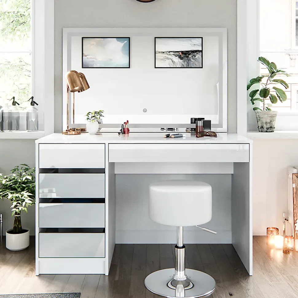 Vicco Coiffeuse Blanc 55cm avec miroir LED et tabouret