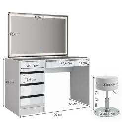 Vicco Coiffeuse Blanc 55cm avec miroir LED et tabouret