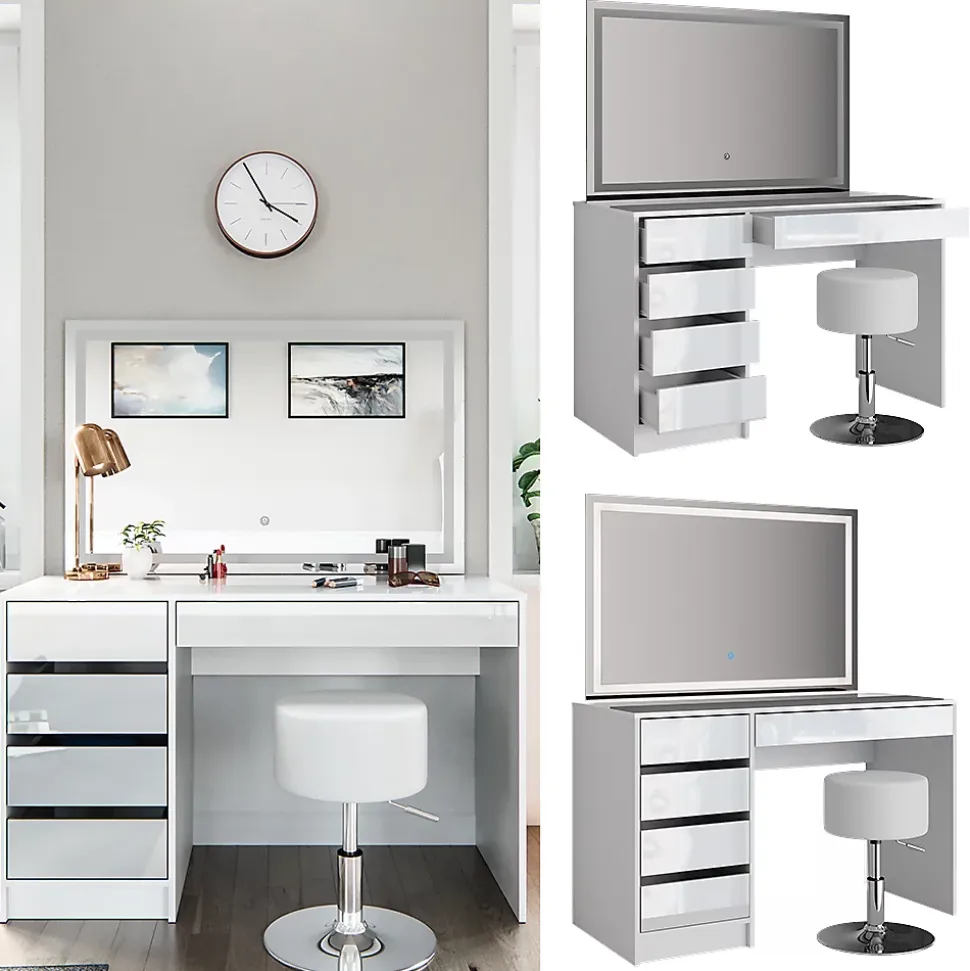 Vicco Coiffeuse Blanc 55cm avec miroir LED et tabouret