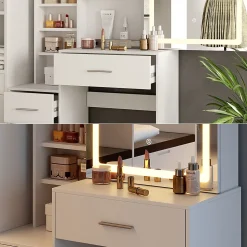 Vicco Coiffeuse Blanc 80cm avec miroir LED
