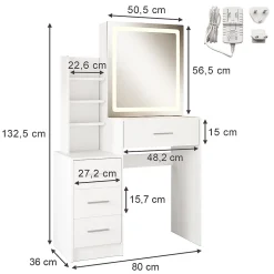 Vicco Coiffeuse Blanc 80cm avec miroir LED
