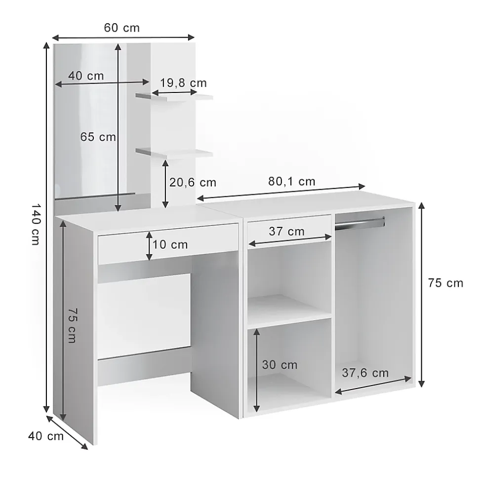 Vicco Coiffeuse Blanc 140cm avec armoire