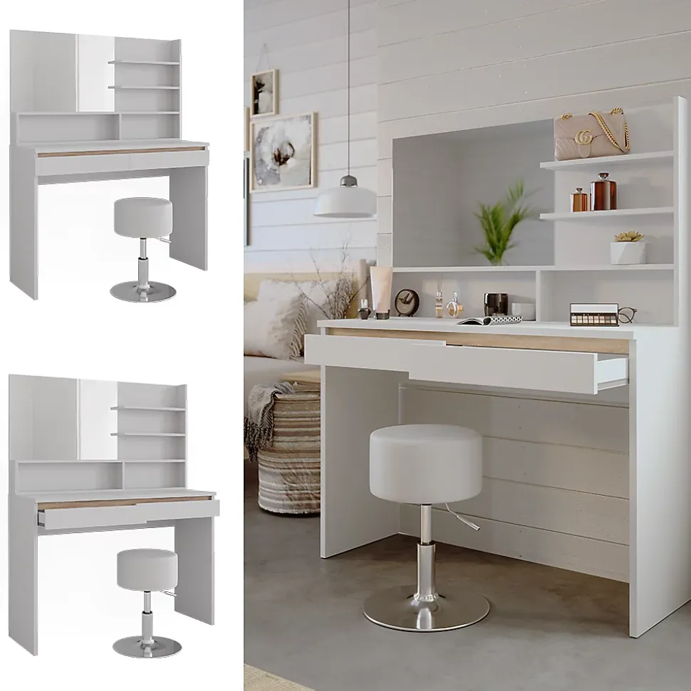 Vicco Coiffeuse Blanc 120cm avec étagère miroir & tabouret