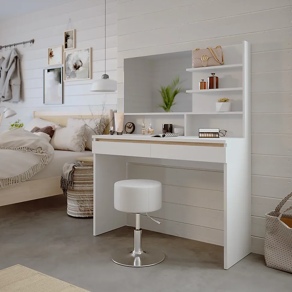 Vicco Coiffeuse Blanc 120cm avec étagère miroir & tabouret