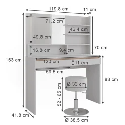 Vicco Coiffeuse Blanc 120cm avec étagère miroir & tabouret