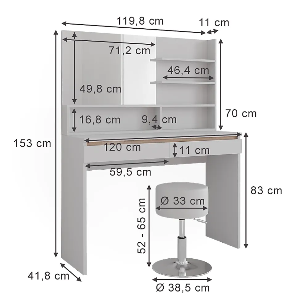 Vicco Coiffeuse Blanc 120cm avec étagère miroir & tabouret
